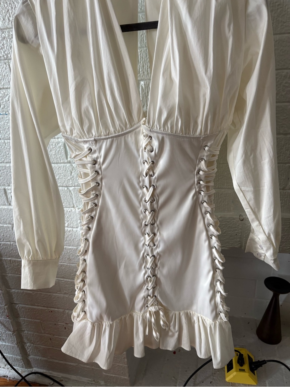Ivory Lace-Up Long Sleeve Mini Dress